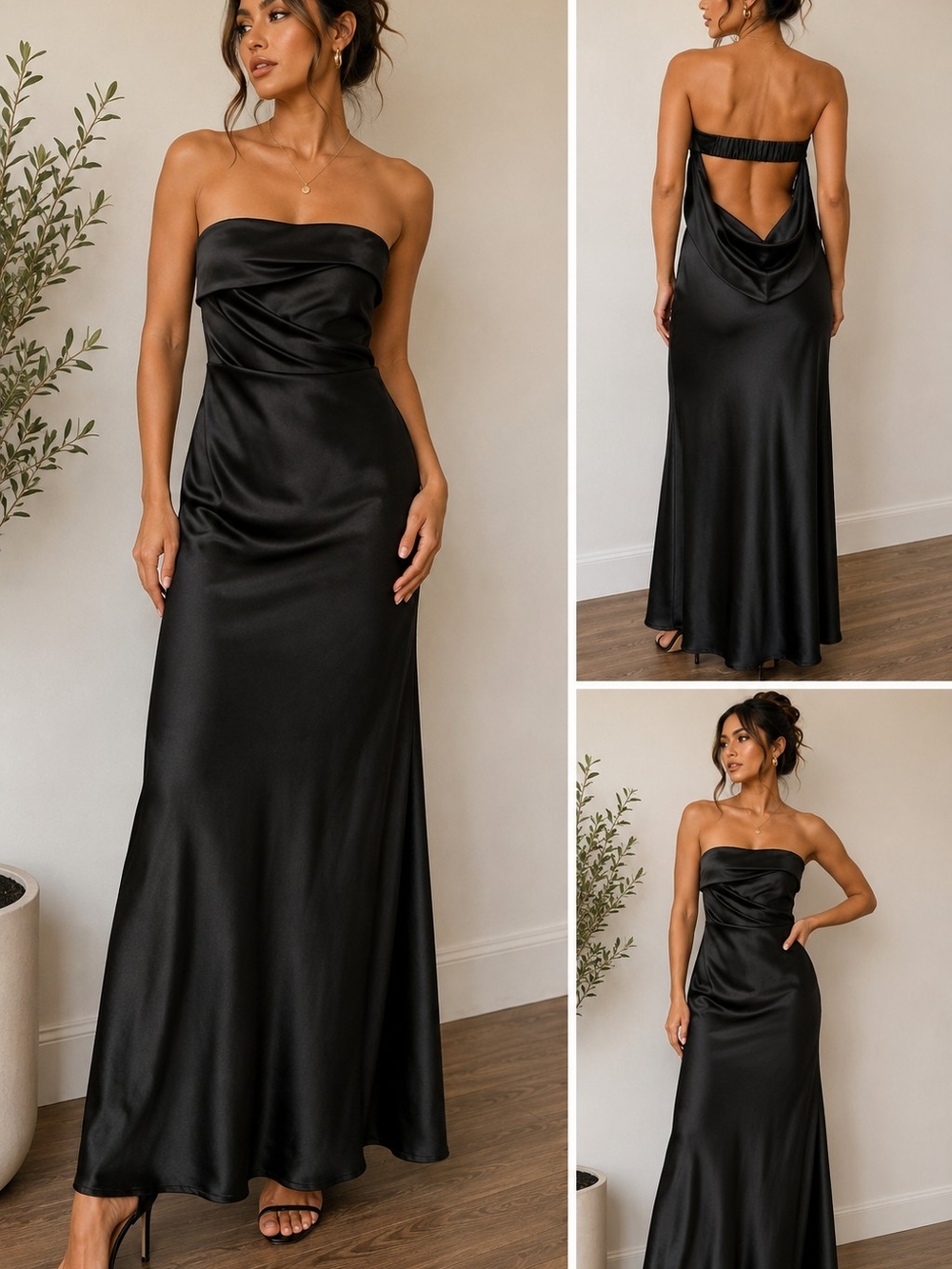 Black Satin Strapless Maxi Dress – Open Back Drape Detail – Evening Gown